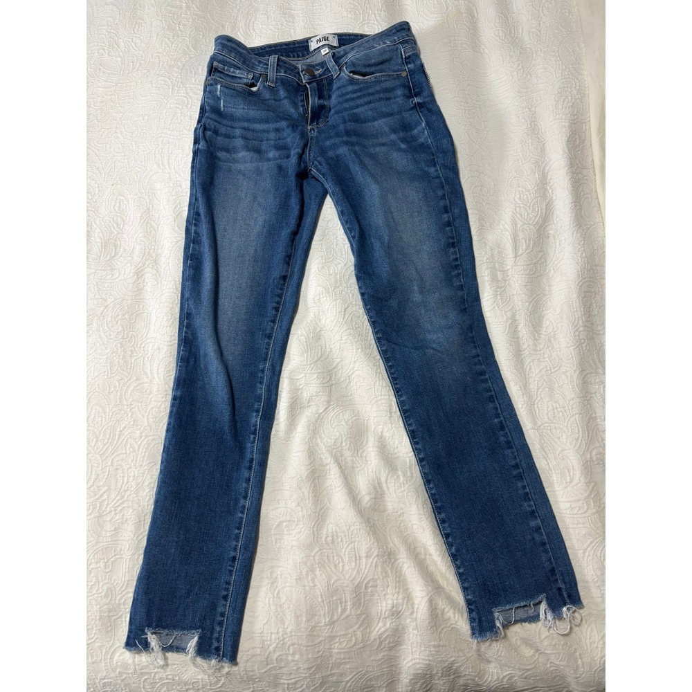Paige Skyline Skinny Jeans 28 Medium Wash Raw Hem Blue Denim Stretch Pants
